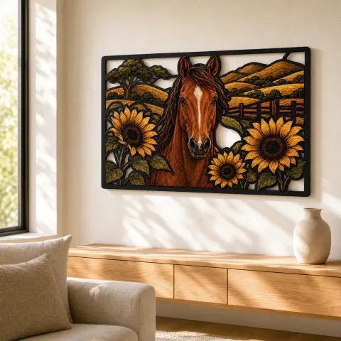 Vista alternativa de Caballo Castaño con Girasoles y Colinas Rodantes Decoración Mural de Metal Colorida