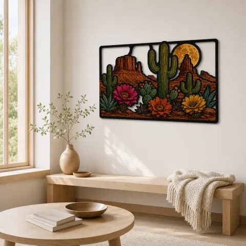 Vista alternativa de Jardín de cactus del desierto con flores silvestres coloridas - Arte mural de metal