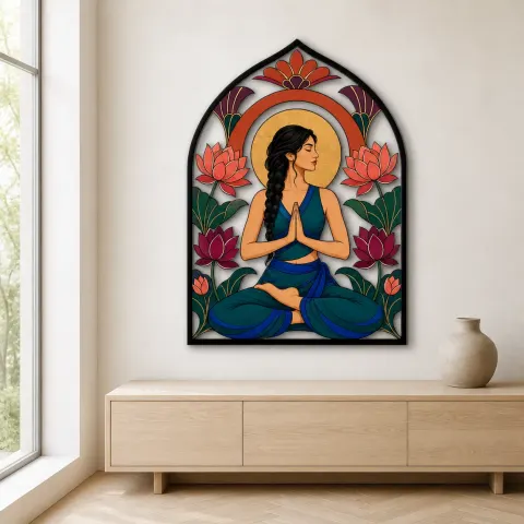 Vista alternativa de Mujer Practicando Yoga con Flores de Loto al Amanecer Decoración Mural de Metal Colorida