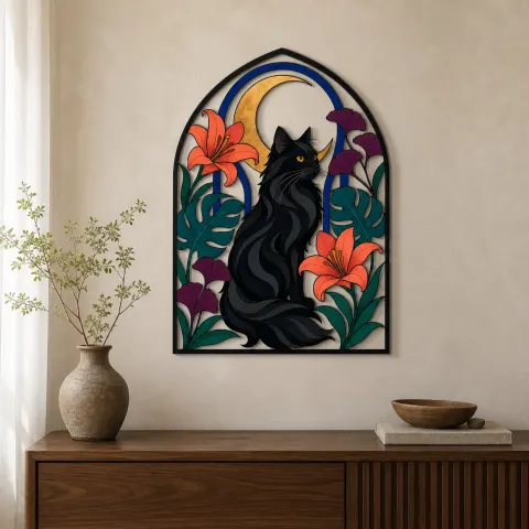 Gato negro con flores tropicales y luna creciente Decoración mural de metal colorida