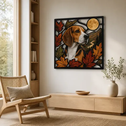Vista alternativa de Beagle con Hojas de Otoño y Luna Llena Decoración Mural de Metal Colorida