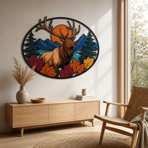 Vista alternativa de Alce macho en montañas de otoño y bosque de pinos Decoración mural de metal colorida
