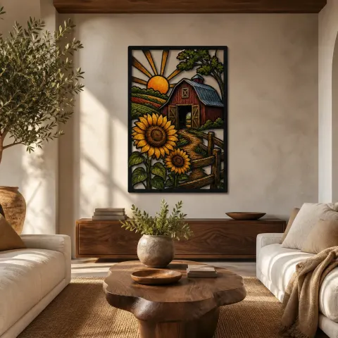 Fienile Rosso con Girasoli all'Alba Insegna in Metallo Colorata