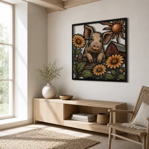 Vue alternative de Cochon Heureux avec des Marguerites et une Grange de Ferme Décoration Murale en Métal Colorée