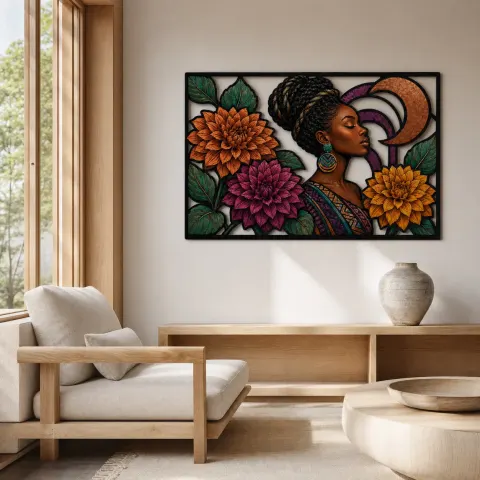 Vista alternativa de Mujer Afro con Dalias Coloridas y Círculos de Cobre Arte Mural de Metal