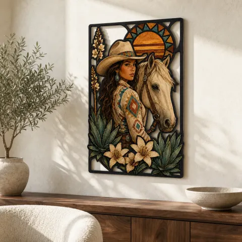 Cartel de metal colorido de vaquera con caballo palomino y lirios del desierto