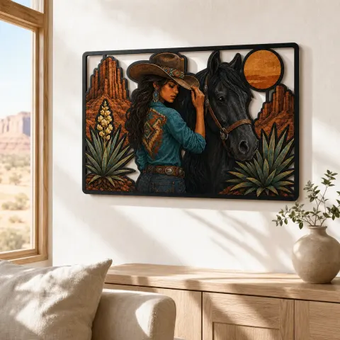 Vista alternativa de Vaquera con Caballo Negro y Luna del Desierto Cartel de Metal Colorido