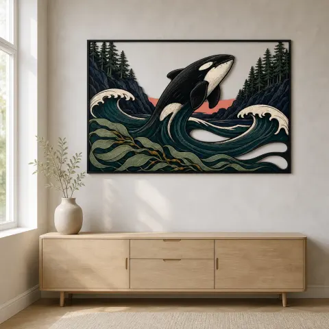 Vista alternativa de Orca Saltando a Través de Olas del Océano junto al Bosque de Pinos Decoración Mural de Metal Colorida