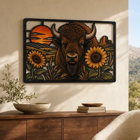 Bisonte con girasoles en paisaje occidental Decoración mural de metal colorida