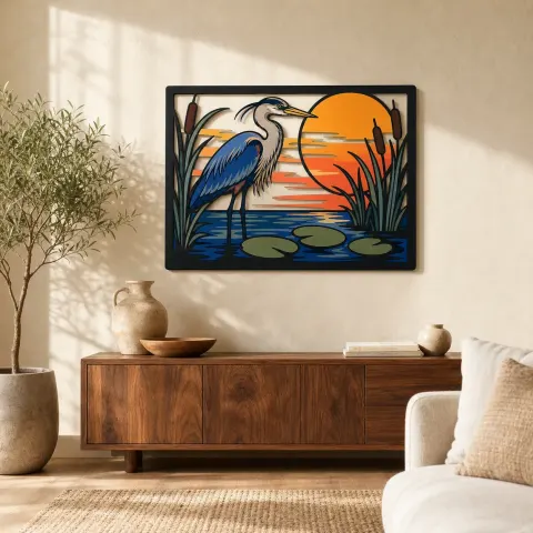Grand Héron Bleu dans l'Étang au Coucher du Soleil avec Joncs Décoration Murale en Métal Colorée