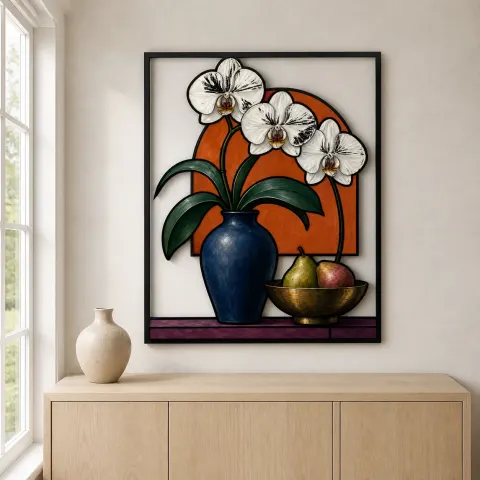 Vista alternativa de Orquídeas Blancas en Jarrón Azul con Frutas Cartel de Metal Colorido