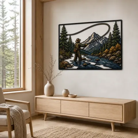 Vista alternativa de Pescador con Mosca Lanzando en Río de Montaña Decoración Mural de Metal Colorida