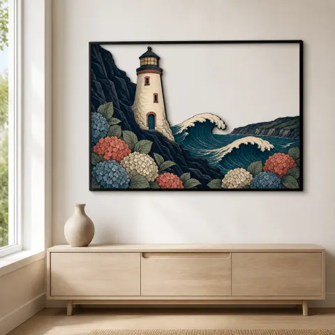Vista alternativa de Arte Mural de Metal Colorido con Faro Costero y Hortensias sobre Olas del Océano