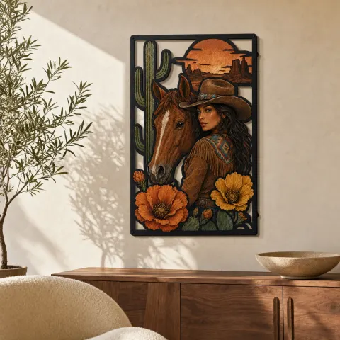 Cartel de metal colorido de vaquera con caballo, amapolas y cactus del desierto
