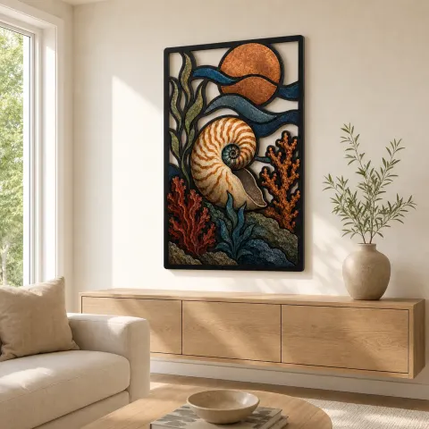 Vista alternativa de Concha Nautilus con Coral y Luna de Cobre Decoración Mural de Metal Colorida
