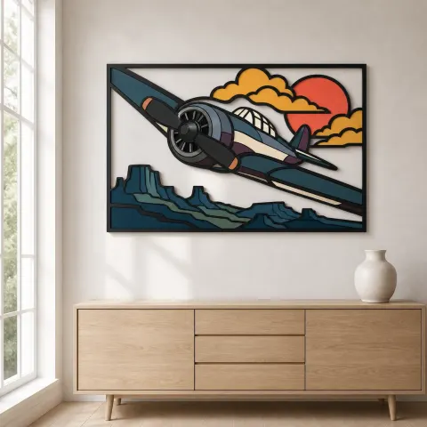 Vista alternativa de Arte Mural de Metal Colorido de Avión Vintage Volando sobre el Desierto del Suroeste