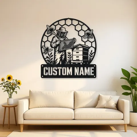 Personalized Beekeeper Honeycomb Frame and Hive Metal Wall Art