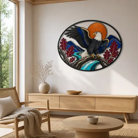 Vista alternativa de Águila Calva en Rama de Roble bajo Luna de Cobre Decoración Mural de Metal Colorida