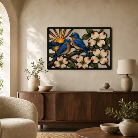 Pareja de Jilgueros con Flores de Dogwood al Amanecer Decoración Mural de Metal Colorida
