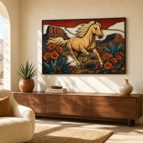 Caballo Blanco Corriendo por el Desierto del Suroeste Cartel de Metal Colorido