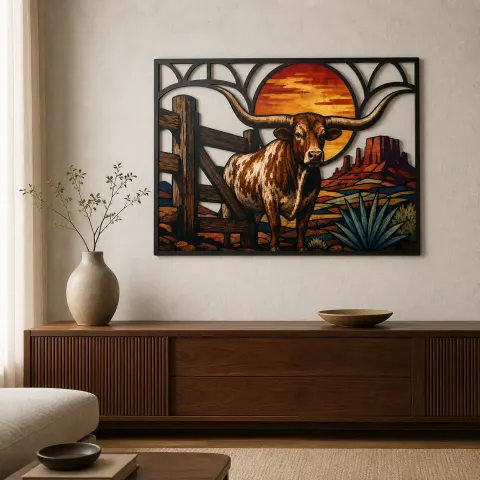 Longhorn del Texas presso Ranch nel Deserto al Tramonto Insegna in Metallo Colorata