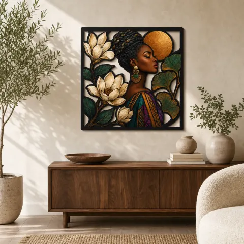 Mujer Afro con Flores de Magnolia y Luna de Cobre Arte Mural de Metal Colorido