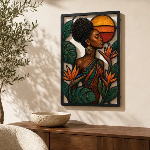 Femme Afro avec Fleurs d'Oiseau de Paradis - Décoration Murale en Métal Colorée