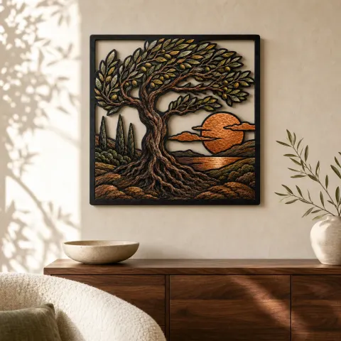 Árbol de Olivo a la Deriva sobre Atardecer Costero Decoración Mural de Metal Colorida
