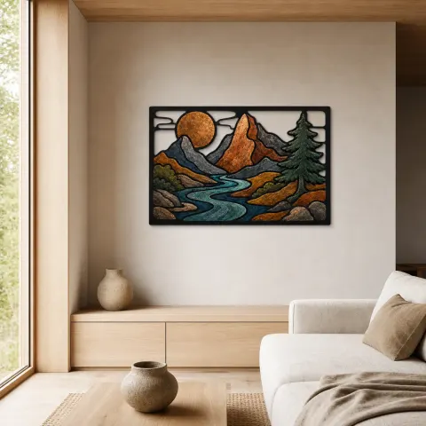Vista alternativa de Río de Montañas de Media Edad bajo Luna de Cobre Decoración Mural de Metal Colorida