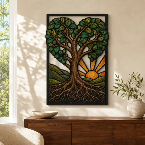 Arbre de Vie en Forme de Cœur au Lever du Soleil Décoration Murale en Métal Colorée