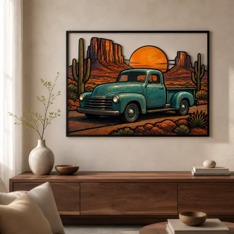 Arte Mural de Metal Colorido de Camioneta Vintage en Carretera del Desierto al Atardecer