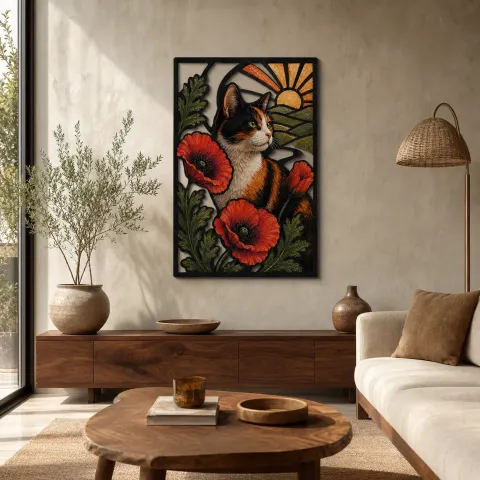 Gato calico con amapolas rojas al amanecer Decoración mural de metal colorida