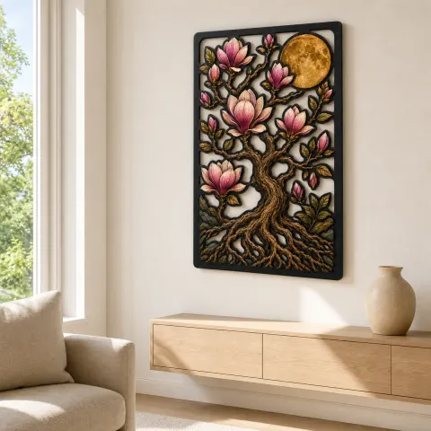 Vista alternativa de Árbol de vida de magnolia con flores y luna Decoración mural de metal colorida