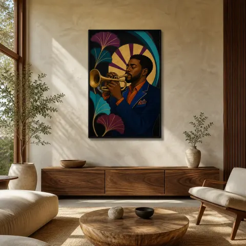 Músico de Jazz Negro con Trompeta en Estilo Art Deco Decoración Mural de Metal Colorida