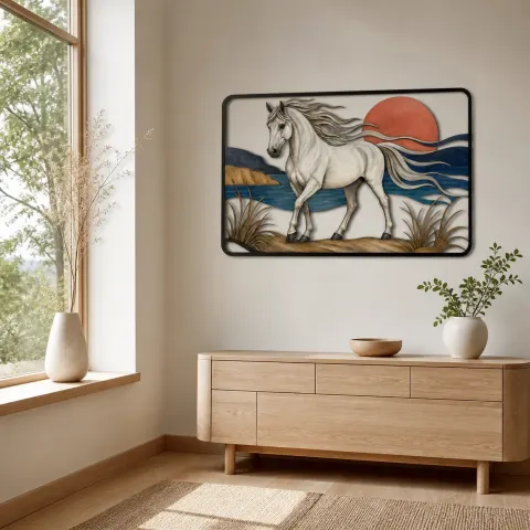 Vista alternativa de Caballo Blanco Junto al Agua Costera al Atardecer Cartel de Metal Colorido