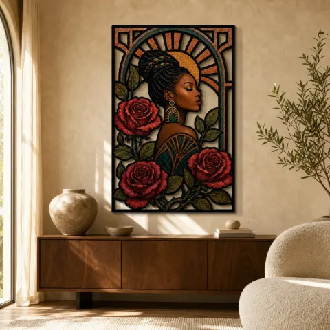 Mujer Afro con Rosas Rojas en Marco Art Deco Decoración Mural de Metal Colorida