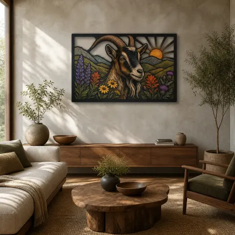 Cabra con Flores Silvestres de Montaña al Amanecer Decoración Mural de Metal Colorida