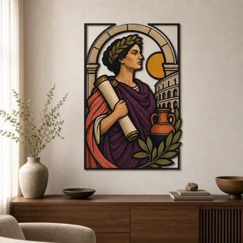 Arte Mural de Metal Colorido con Erudito Romano Clásico con Pergamino y Coliseo