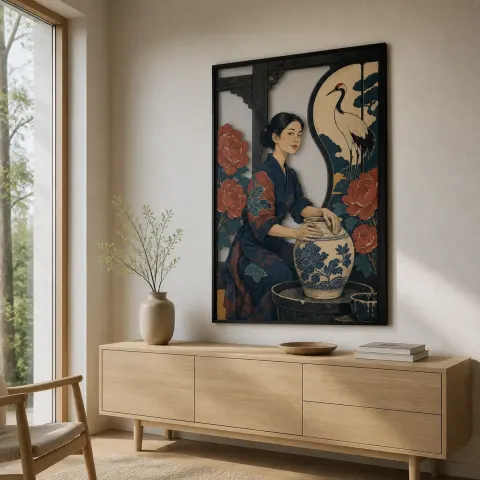 Vista alternativa de Alfarero Japonés con Grulla, Flores y Luna Decoración Mural de Metal Colorida