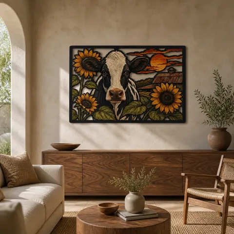 Vaca Holstein con Girasoles por Rustic Barn Decoración Mural de Metal Colorida
