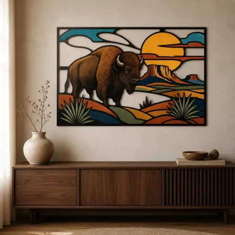 Bisonte en el desierto del suroeste bajo el sol de cobre Decoración mural de metal colorida