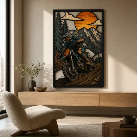 Vista alternativa de Piloto de Motocross Escalando un Sendero Forestal Decoración Mural de Metal Colorida