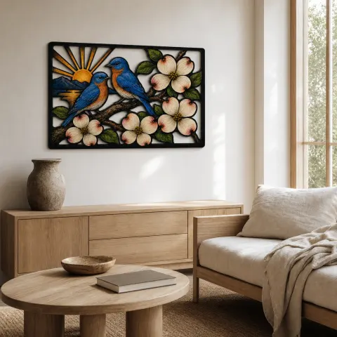Vista alternativa de Pareja de Jilgueros con Flores de Dogwood al Amanecer Decoración Mural de Metal Colorida