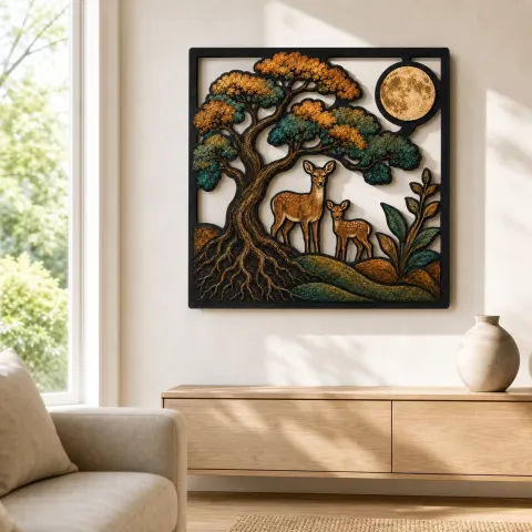 Vista alternativa di Albero della Vita con Famiglia di Cervi e Luna Piena Insegna in Metallo Colorata