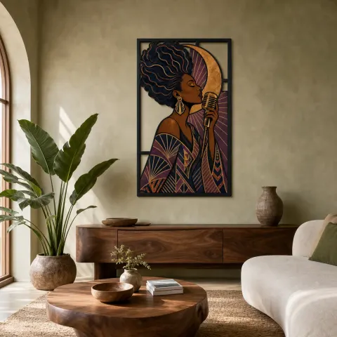 Chanteuse Afro Jazz avec Micro Vintage et Lune Cuivrée - Décoration Murale en Métal Colorée