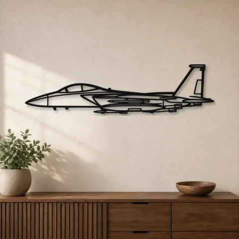 Silhouette di aereo F-15 Strike Eagle in metallo, Insegna in metallo per aerei, Decorazione da parete aviatore