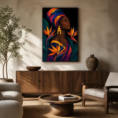 Femme Afro avec Turban Coloré et Oiseau de Paradis - Décoration Murale en Métal