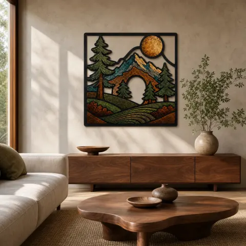 Bosque de Montañas de Media Edad con Luna Llena Decoración Mural de Metal Colorida
