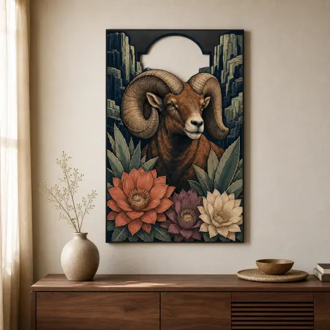 Carnero Bighorn con Suculentas y Acantilados Montañosos Decoración Mural de Metal Colorida