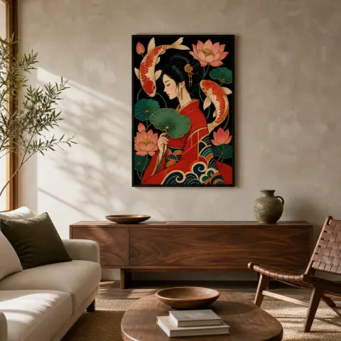 Mujer Japonesa con Peces Koi y Flores de Loto Decoración Mural de Metal Colorida